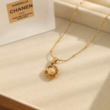 1pc New Stainless Steel Shell & Faux Pearl Pendant Necklace, Minimalist Elegant Choker Necklace Suitable For Daily Wear - Yellow Gold - View 10