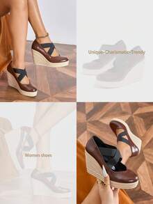 Women's Platform Wedge Shoes, Retro Brown Round Toe Jute Wedge High Heels, Elastic Strap Slip-On Pumps - Brown - View 10
