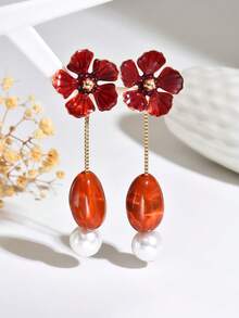 一对优雅性感复古波西米亚风古银色金属花朵耳环，金色花蕊，波浪形陶瓷吊坠，不对称合成树脂蓝色方块组合吊坠耳环，适合性感派对、节日佩戴。新款花朵造型水滴形树脂方块吊坠耳环，花朵造型流苏吊坠耳环，多种树脂颜色图案可选，每件树脂饰品底部均有注塑浇口，敬请谅解。 - 彩色 - 查看 3