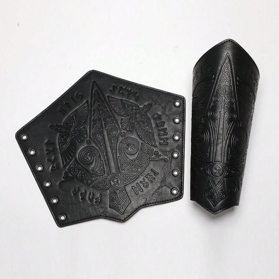 1pc Vintage Medieval Embossed Wrist Cuff - Faux Leather, Geometric Pattern, Suitable For Halloween Cosplay And Stage Performance, Knight, Accessory - A - View 1