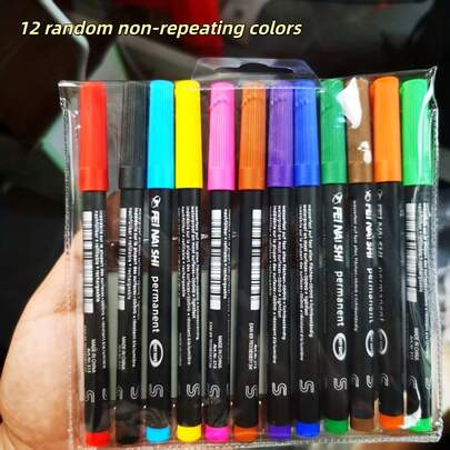 4pcs Random 12 Colors Fine Tip Waterproof Permanent Marker Pens, Professional Art Liner Pens - 0.4mm Fine Tip, 12 Ink Colors (Red/Yellow/Blue/Black/Orange/Green/Brown/Purple/Light Blue/Light Green/Khaki/Pink), PVC Bag Packaging, Suitable For Painting, Writing And Art Creation - Summer Version, Drawing & Writing Tools, Craft Project Markers, Fine Tip Markers, Waterproof Ink Pens, Precision Tip Pens, Fine Tip Design, Permanent Pigment Quality, Art Students, Professional Artists