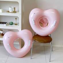 1个儿童可爱心形充气游泳圈，带红色亮片，透明粉色婴儿泳池漂浮垫，带安全把手，加厚PVC材质，适合夏季海滩和泳池派对的幼儿游泳池玩具 - 彩色 - 查看 5