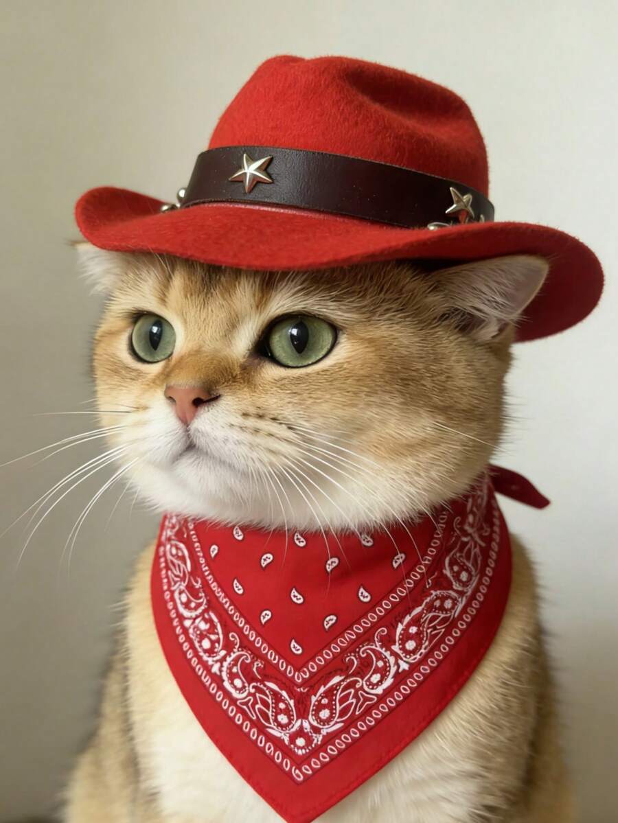 中国红色宠物西部牛仔套装，猫/狗节日派对服装帽子和头巾两件套 - 紅色 - 查看 1