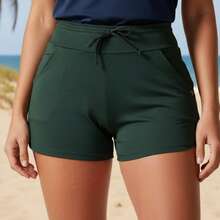 Acqua Bronze Kit 2 Short Suplex Cordão Bolso Ajustável Feminino Versátil Banho Esporte Cós Duplo Esportivo  Simples  Casual - Preto/Verde Militar - Visão 5