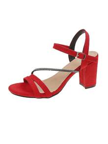 Giày sandal cao gót tuổi teen, giày cao gót hở mũi đính đá kiểu Hàn Quốc mùa hè mới, sandal cao gót quai dày, gót dày, hở mũi. - Đỏ - Xem 7