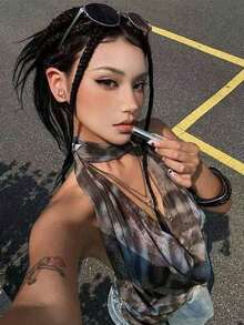 Y2K 动物纹网纱扭结金属环露背短款上衣，适合度假和日常穿着，春夏款 - 摩卡棕 - 查看 3