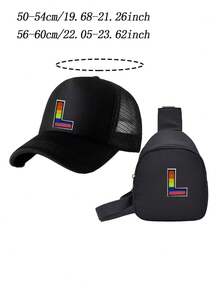 Set de 2 piezas de gorra de béisbol con malla con letra y mochila para niños, gorra deportiva transpirable con protección solar y correa ajustable, bolsa de cintura y bolso cruzado para viaje para niños de 3 a 12 años - Negro - Ver 11