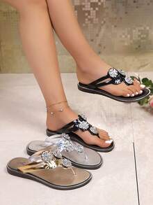 1双女士新款金/银色平底人字拖，休闲时尚水钻花朵沙滩拖鞋，适合春夏穿着 - 黑色 - 查看 2