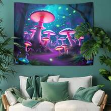 Bioluminescent Mushroom Forest Tapestry:  Neon Art - Multicolor - View 2