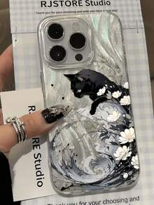 Minimalist Black Cat Element Fashion 1pc Feather Shell IMD Floral Oil Painting Black Cat Pattern Phone Case, Compatible With Iphone 16 Pro Max, 17/16/15/14 Plus/13/12/11, Air, Series, International Version, Not The Domestic Version Spring Gift - Multicolor - View 1