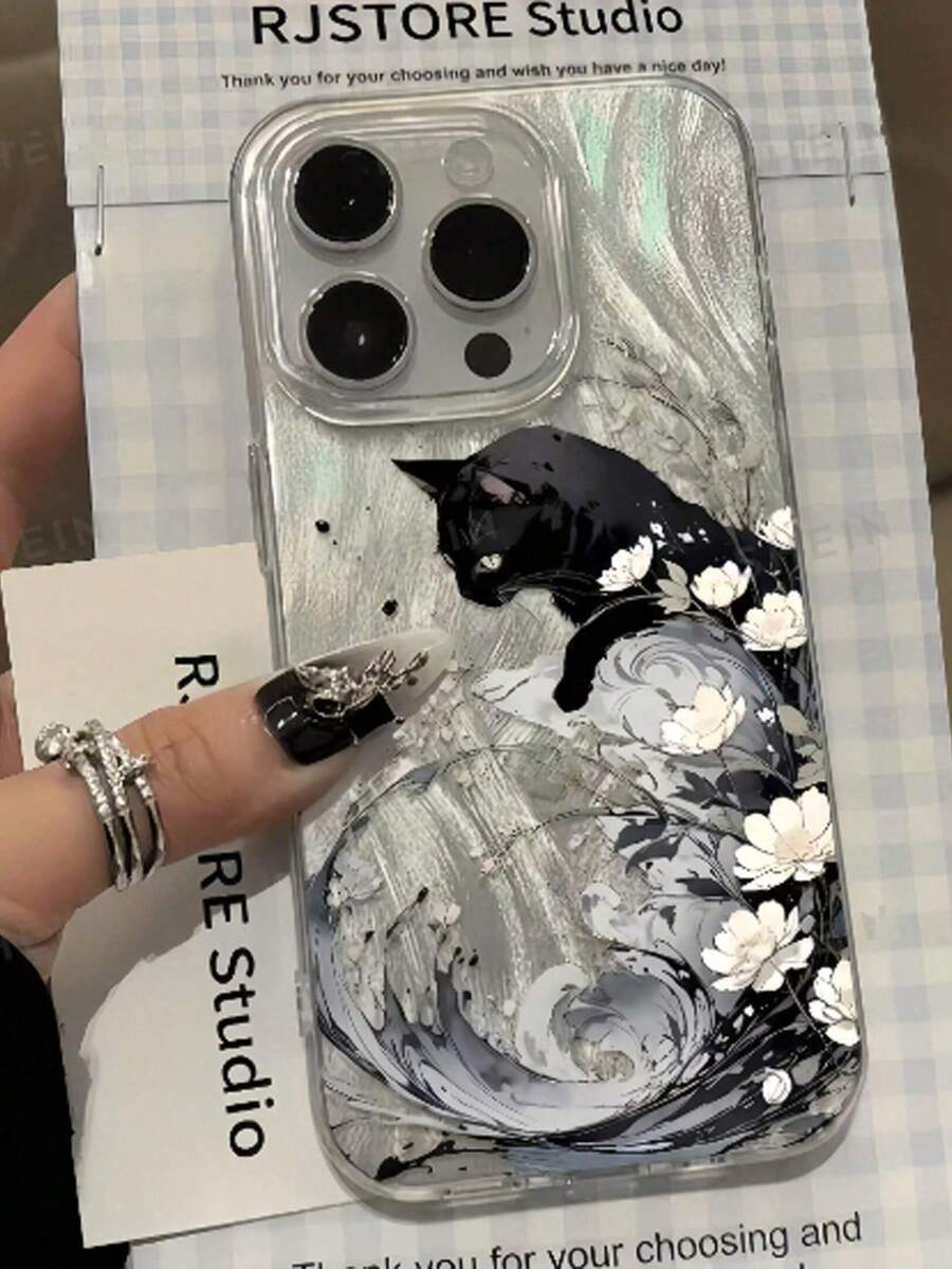 Minimalist Black Cat Element Fashion 1pc Feather Shell IMD Floral Oil Painting Black Cat Pattern Phone Case, Compatible With Iphone 16 Pro Max, 17/16/15/14 Plus/13/12/11, Air, Series, International Version, Not The Domestic Version Spring Gift - Multicolor - View 1