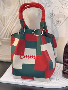 Personalized Crochet Knit Handbag Contrast Stripe Mini Tote Bag, Fashion Knitted Small Top Handle Purse, Handheld Bag For Daily Use, Travel, Shopping - Multicolor - View 13