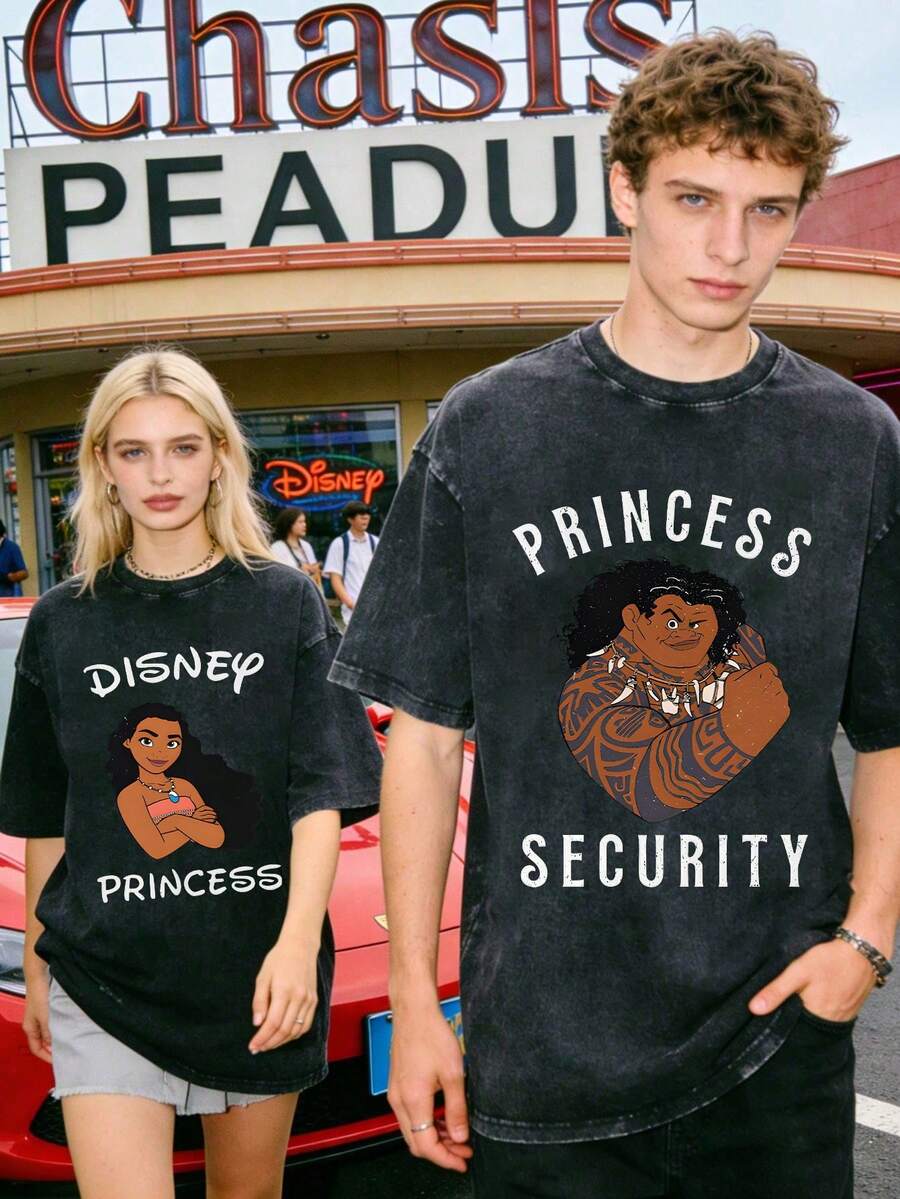 Disney Officially Licensed Graphic T Shirts 100 Percent Cotton Shirt, & Maui Princess Security Couple T-Shirt, Unisex, Washed 230g, Retro Vintage, Crew Neck Short Sleeve, Casual Daily Wear - Black - View 1