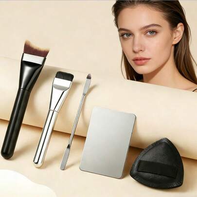 Flat Head Makeup Palette, Portable Black Makeup Sponge, Stainless Steel Mixing Palette, Mask Brush, Makeup Tool Set