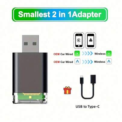 2026 Mini Wireless CarPlay & Android Auto Adapter, Metal Portable USB Dongle, Surround Sound & Compatible, Convert Wired To Wireless For Factory Wired CarPlay/Android Auto Cars