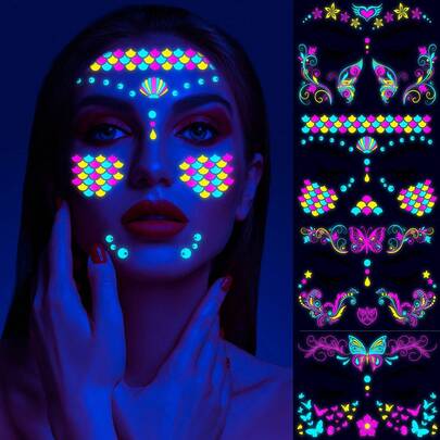 Glow-In-The-Dark Face Stickers, Waterproof Neon Luminous Temporary Tattoos For Music Festivals, Nightclubs, Parties