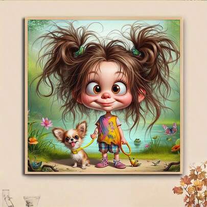 1件套5D钻石画套装，女孩与小狗图案，适合成人初学者DIY马赛克钻石画，全钻手工DIY钻石画，适用于客厅、卧室、办公室墙面装饰，惊喜艺术家居装饰礼物，送给家人和朋友，无框[30*30厘米/11.8*11.8英寸][40*40厘米/15.7*15.7英寸]