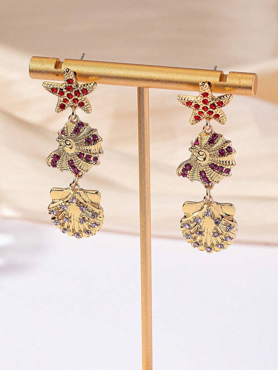 1 Pair Bohemian Starfish & Seashell Earrings, Fashionable Casual Versatile Vacation Style For Women - Multicolor - View 1