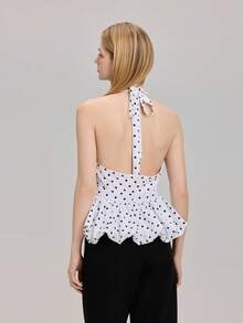 Top de moda con volantes, escote halter y espalda descubierta con estampado de lunares francés - Blanco - Ver 2