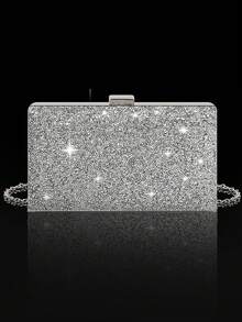 Fashion Evening Jewelry Four-Piece Set, Elegant Sparkling Pendant Necklace, Earrings, And Bracelet, Luxurious Sparkling Rhinestone Clutch Bag, Elegant Ladies' Party Bag, New Box-Shaped Shoulder Bag, Suitable For Parties, Dinners, Gatherings, And Balls - Silver - View 2
