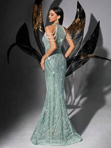 Women's Elegant Strapless Pearl Embroidered Sequin Formal Evening Gown, Mermaid Cut, Suitable For Spring Prom, Wedding Guest, Cocktail Party, Graduation Ceremony, Celebration Events - Mint Blue - View 3