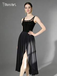 DonsGirl 1pc Women's Ballet Maxi Skirt, Asymmetric Ruffled Design With High Slit, Flowy Dance Dress For Solo Dance, Stage Performance & Carnival Sports - Black - View 6