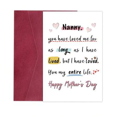 1pc Heartfelt Mother's Day Greeting Card For Nanny - "Nanny I Have Loved You My Entire Life" Happy Mother's Day Card For Grandma & Nanny, Mother's Day Gift - Envelope Included