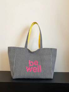 Bolsa de lona a rayas de doble cara, una bolsa de compras minimalista ligera y casual, adecuada para mujeres jóvenes, estudiantes universitarios, principiantes y trabajadores de oficina. Ideal para oficina, escuela, trabajo, negocios, transporte, actividades al aire libre, viajes y otros escenarios - Negro - Ver 7