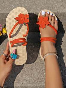 Women's Summer New Orange Flower Thong Sandals, Fashion Non-Slip Bottom Holiday Slippers, Indoor Flip Flops, Beach Shoes, Hawaiian Style - Orange - View 5