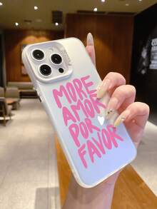 Fashionable Pink Letter Love Heart Graphic Luxury Gradient Silver Silicone Soft Edge Acrylic Hard Back Thick PC Metal Button Protective Phone Case Compatible With IPhone///// - Silver - View 3