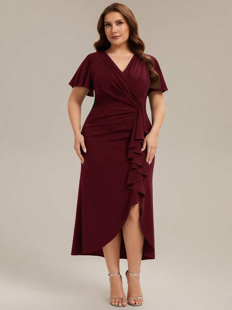 Plus Size Women V-Neck Ruched High Slit Asymmetric Evening Gown, Burgundy, Suitable For Wedding Guest, Semi-Formal Occasions - Burgundy - View 1