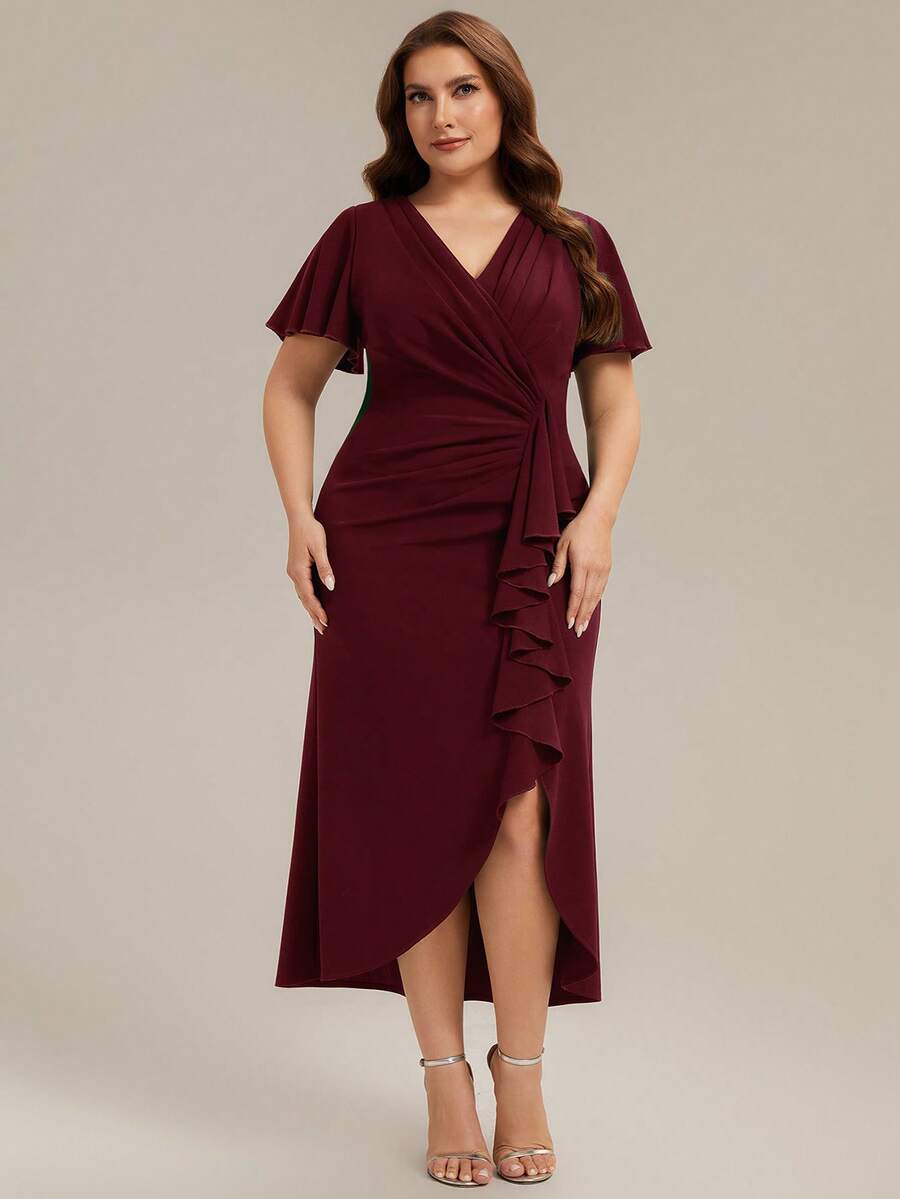 EVERPRETTY Vestido de noche asimétrico con cuello en V, fruncido y abertura alta para mujer talla grande, color borgoña, adecuado para invitadas de boda y ocasiones semiformales - Burdeos - Ver 1