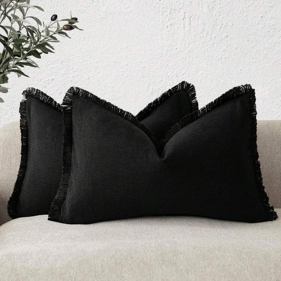 1 chiếc vỏ gối trang trí bằng cotton đã giặt, có tua rua, kích thước 20*12 inch (không bao gồm ruột gối), phong cách trang trí nhà nông thôn, đa năng cho phòng ngủ, phòng khách, ban công, phòng ăn, ghế sofa, đệm giường. - màu đen - Xem 1