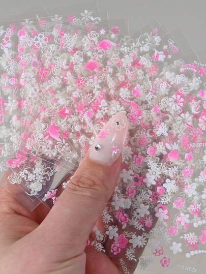 30片白色粉色花朵美甲贴纸 - 夏季花卉蝴蝶爱心设计，带闪光美甲贴花，自粘式美甲贴纸，方便用于手脚美甲装饰，美甲装饰