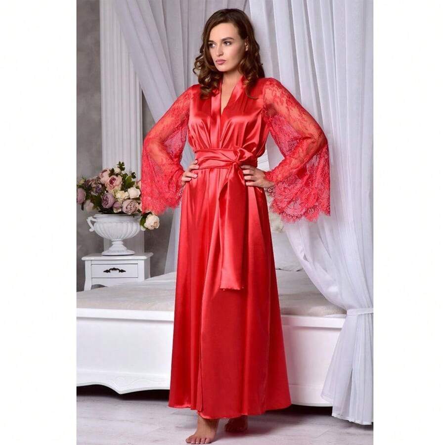 Women's Large European Style Sexy Imitation Ice Silk Lace Nightdress, Light Transparent Sleeveless Nightgown, Suitable For Home Leisure And Sleep Wear, Women's Pajamas, Women's Bathrobe, Bathrobe - Red - View 1