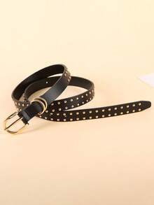 1 pieza Cinturón delgado y elegante para mujer con remaches dorados pequeños y hebilla de aleación, cinturón de piel de poliuretano sólido, de color lindo y elegante, adecuado para primavera, verano y escuela - Negro - Ver 6