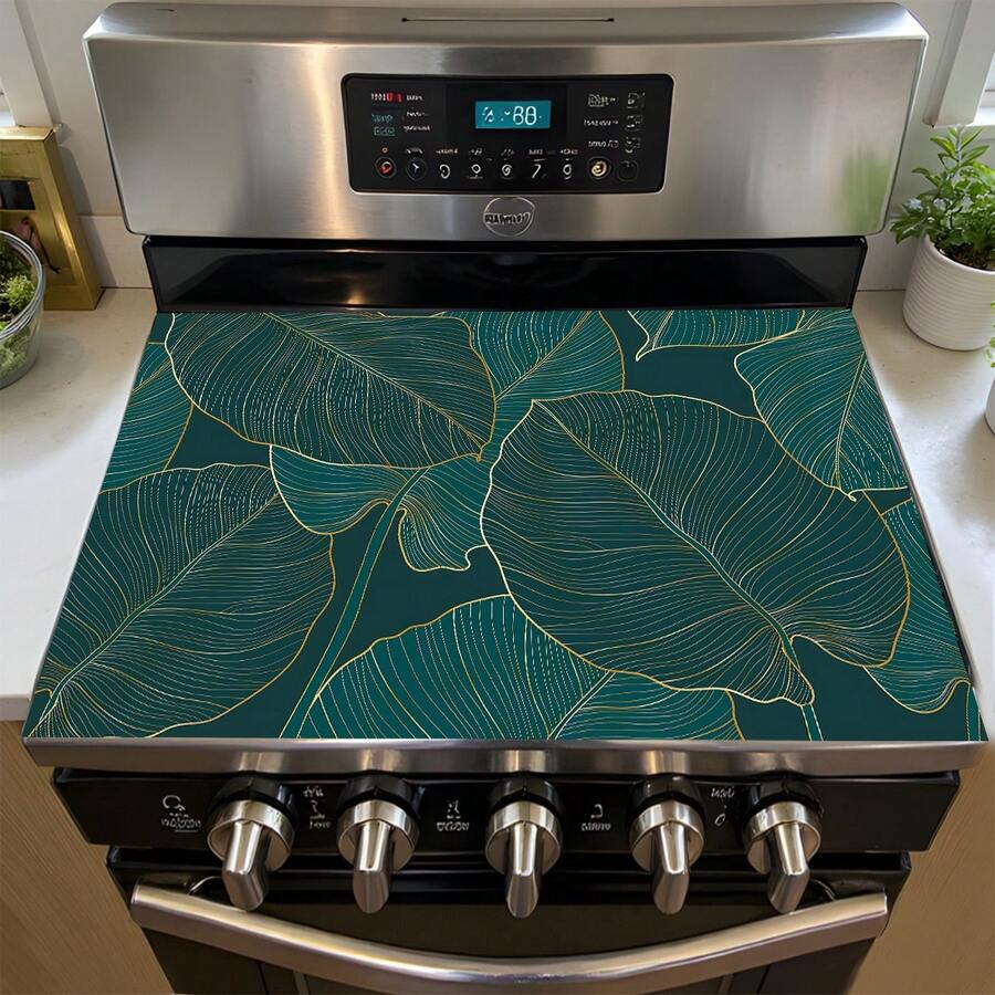 1pc, 2D Flat Protective Cover With Green Leaf Pattern, Fashionable And Easy To Clean, Suitable For Any Kitchen, Washing Machine, Dryer, Furnace Panel Protection Device And Glass Furnace Cover (Changing Furnace).