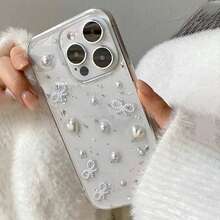1个奢华3D珍珠蝴蝶结银箔手机壳，适用于 17 Pro Max Air 16 15 14 13 12 11 Pro Max 小米 Ni XR X XS Max 7 8 Plus - 無色 - 查看 3