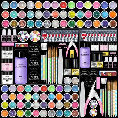 LIMEGIRL Complete Acrylic Nail Kit, 81 Pieces Acrylic Powder And Liquid Monomer Set With Glitter Nail Brushes, Nail Tips, Nail Primer, Nail Art Supplies For Nail Extension Gift