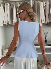 1 pieza Blusa con volante en el bajo de tela de punto de unicolor, uso casual de verano en color negro - Azul cielo y blanco - Ver 2