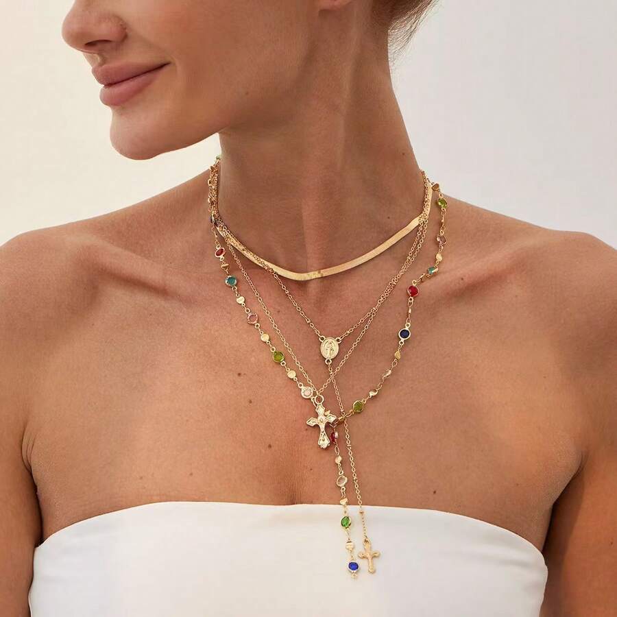 1 pieza Collar de lujo con cruz de cristal de estilo retro europeo y americano, collar de cadena larga con borlas personalizado en capas para mujeres - Collar en capas - Ver 1