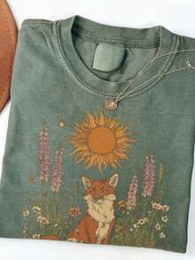 Women's Washed T-Shirt - Washed T-ShirtWashed Women's T-Shirt, Folk Fox Flower Shirt- Vintage Pastoral Style Starry Sky Wildflower T-Shirt, Forest Style Plant T-Shirt Suitable For Nature Lovers, Halloween Gift, Autumn Pattern T-Shirt - Summer Tops - 2026 New Summer Outfits For Women - Women's Clothes - 100% Cotton Unisex Top - 軍綠色 - 查看 7