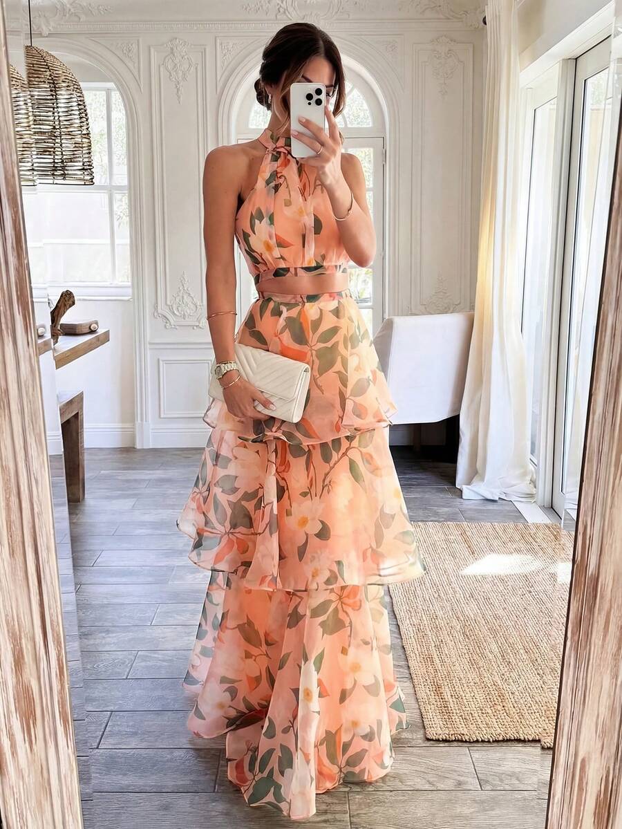 优雅休闲度假浪漫海滩约会两件套夏季女装沙滩装 - 橘色 - 查看 1