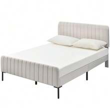 Upholstered Double Bed 180 X 200 Cm, Bed Frame With Slatted Base And Adjustable Headboard, Grey-Beige Linen Cover, Bed Frame For A Child's Room Or Guest Room - White - View 6
