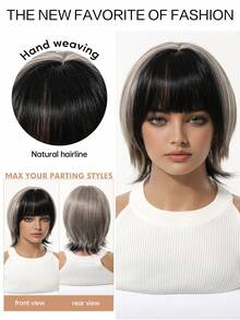 Short Silver-Gray And Black Wigs Layered 80s Pixie Cut Wig With Bangs Synthetic Natural Fake Hair Wigs For Replacement Wigs Colourful Synthetic Hair Wig High Temperature Hair For Women Holiday Daily Fashion Style Synthetic Hair Wig Woven Hair Wig For Halloween And Christmas - 拼色 - 查看 3