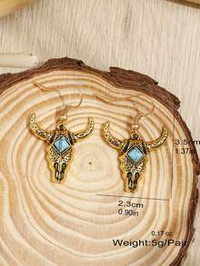 1 Pair Retro Western Cowboy Style Oval Textured Alloy Bull Head Earrings With Turquoise For Women, Daily Wear - 1769 Ancient Gold - View 3