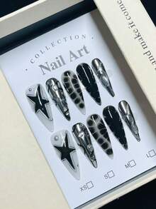 1package/10pcs-Gothic Black Marble Press On Nails | 3D Star & Crystal Embellished Fake Nails - Black and White - View 3