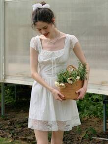 Simple Retro Women's Beach Style Tie-Up Bow Lace Patchwork Knee-Length Dress - White - View 1