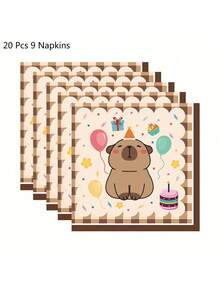 Juego desechable de vajilla con diseño de capibara de dibujos animados - 10 piezas, platos de 7/9 pulgadas, vasos de 9 onzas y servilletas - Multicolor - Ver 6