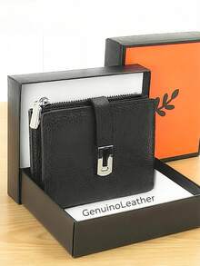 Women's Short Genuine Leather Wallet, Fashionable Snap Closure, Magnetic Open Design, Multi-Function Anti-Theft Bifold Card Holder, Zipper Coin Purse, Exquisite Gift Box Packaging, Great Gift - Black - View 1